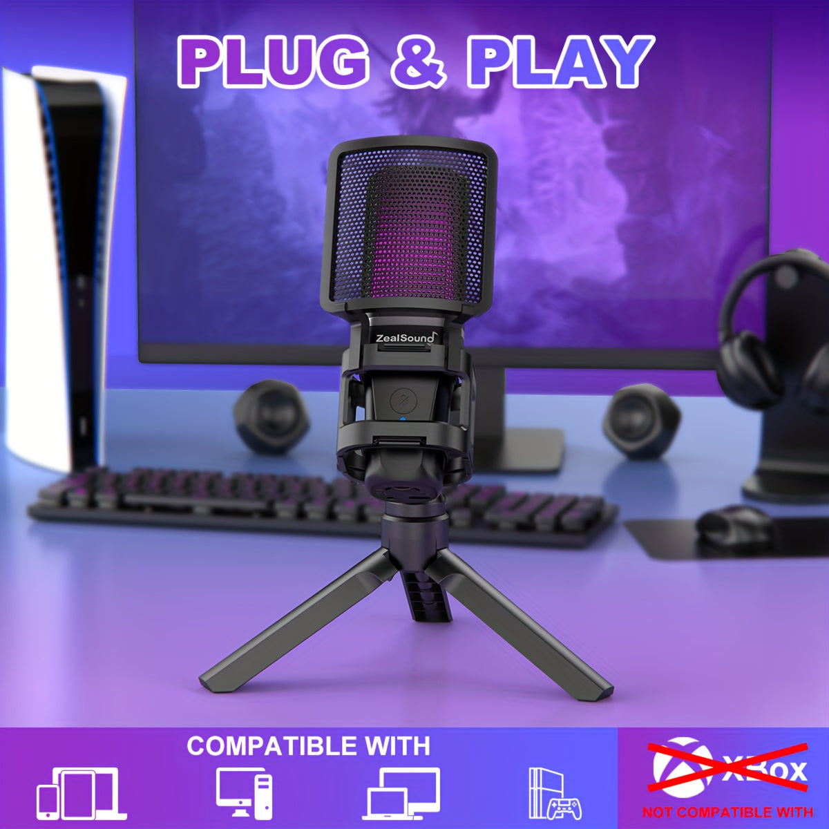 ZealSound USB condenser microphone with RGB light for gaming, recording, and streaming, compatible with PS5, PS4, Mac, and Eid Al-Adha Mubarak celebrations.