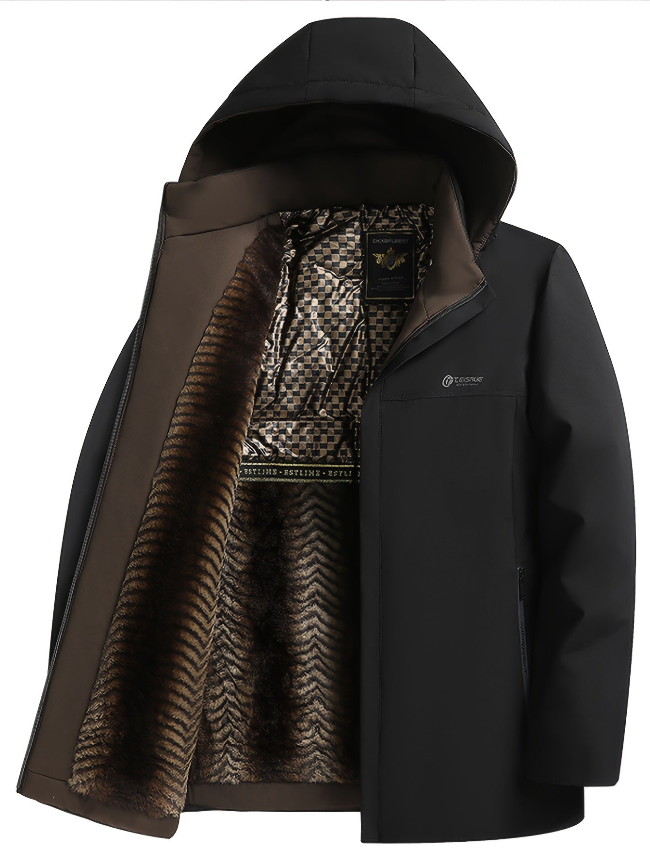 Men's fleece-lined hooded jacket with detachable hat - casual & outdoor ready, zip closure, machine washable.