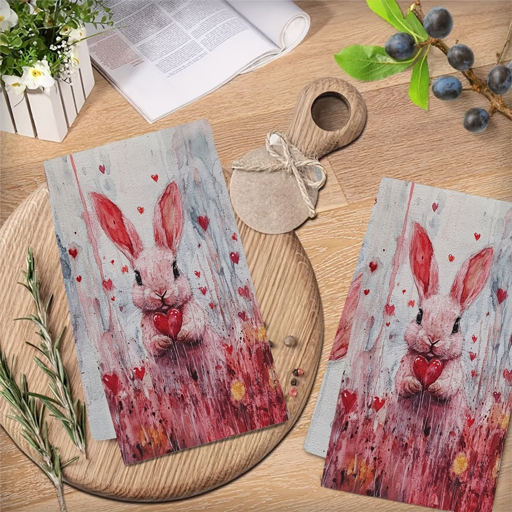 Two pieces of Valentine's Day Bunny Kitchen Towels, featuring a modern Coastal Style design. Made from highly absorbent polyester knit fabric that is machine washable. Each towel measures 40.64x60.96 cm, making them perfect for holiday decor. Item