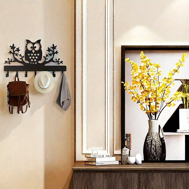 Iron Owl Coat Hook with Seven Hooks, Wall-Mounted for Entryway Storage