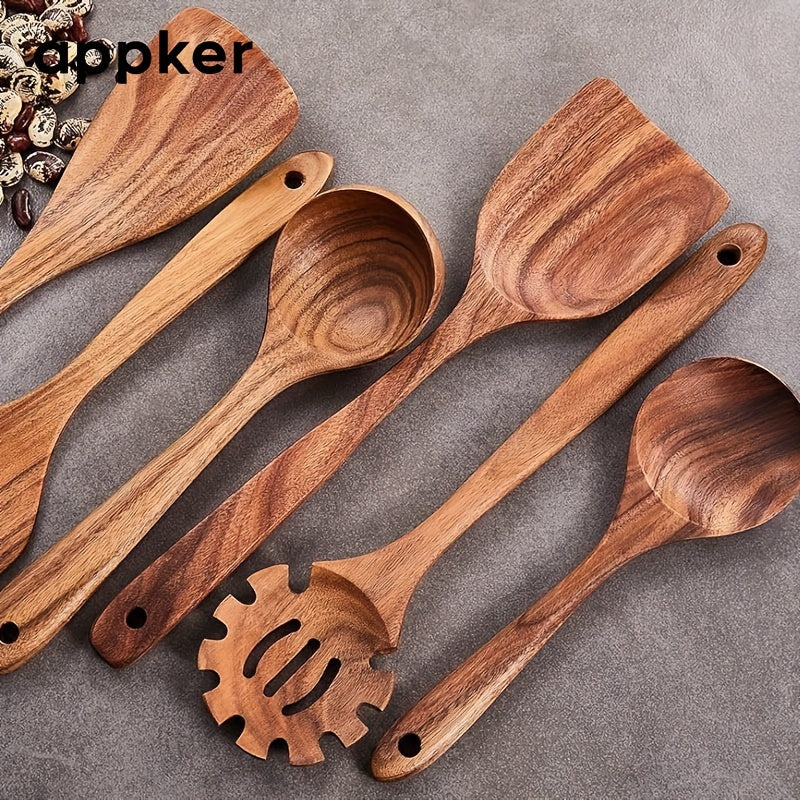 Set of 9 Acacia Wood Kitchen Utensils - Includes Cooking Spoons, Spatulas, Noodle & Fish Fryers - Made from Natural Wood, Food-Safe, Non-Stick, and Durable Cookware for All Ingredients