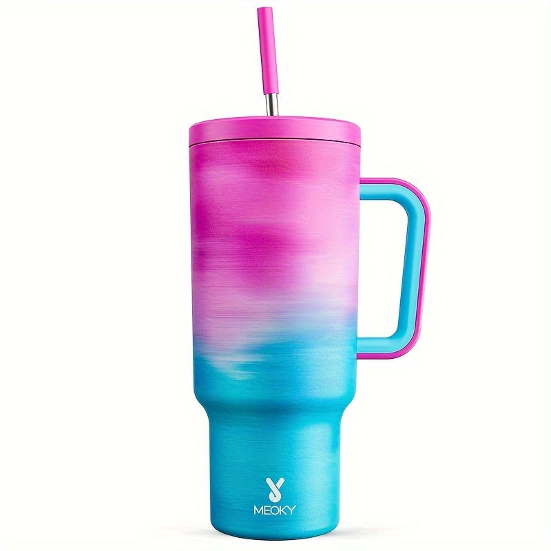 MEOKY 40oz Stainless Steel Tumbler with Lid, Straw, and Handle, Insulated, Leak Proof, BPA Free, Hand Wash Only, Perfect for Outdoor Activities.