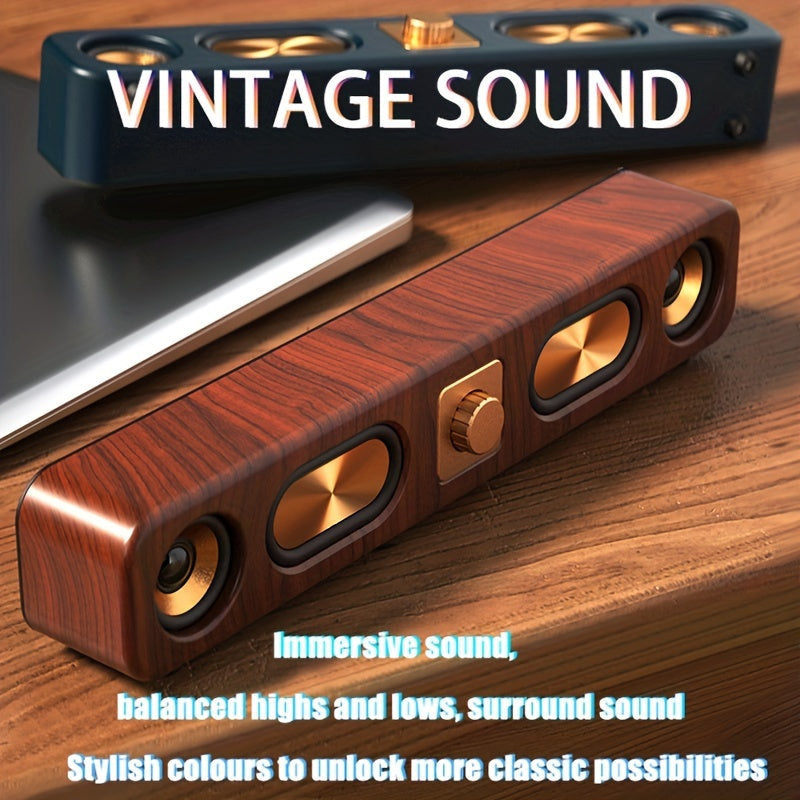 Portable wireless speaker with dual speakers, enhanced bass, rechargeable battery, wood grain design - perfect for parties and gifts.