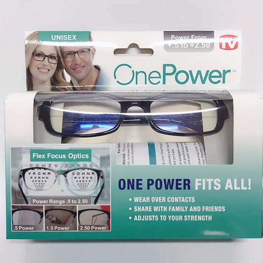 Adjustable multifocal glasses with auto-adjusting optic, ranging from 0.5 to 2.50, perfect for business use.