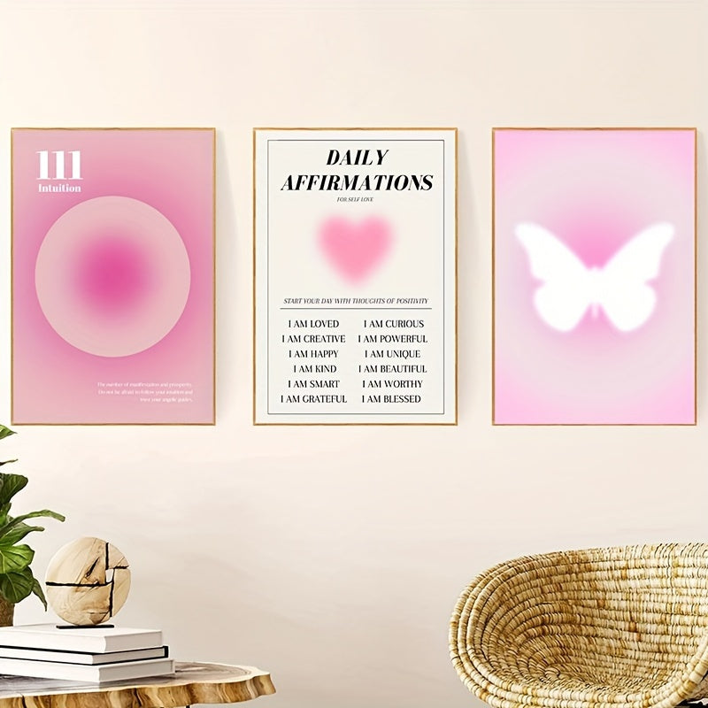 Lightpink Halo Printed Wall Art Set, Love Butterfly Halo Fashion Poster, Modern Girl Room Oil Painting, Bedroom Home Decoration (Unframed)