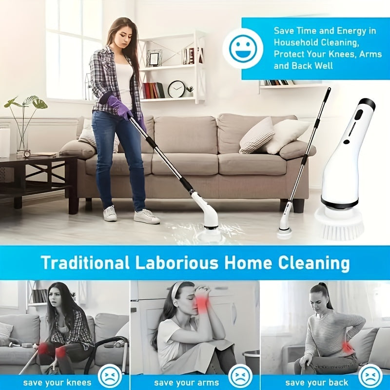 Wireless Electric Rotating Washer with 8 Replaceable Brush Heads, Adjustable Extendable Handle, and 2 Speed Settings. Rechargeable Shower Brush for 360 Degree Cleaning of Bathroom, Bathtub, Tiles, and Floors. Includes USB-C Charging Cable.