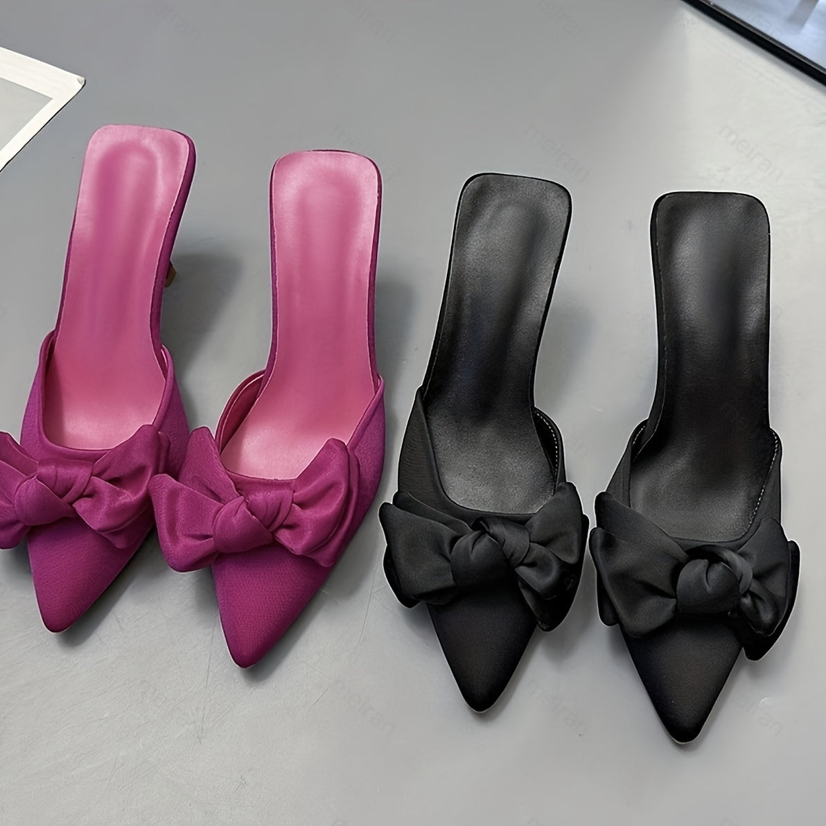 Women's bowknot design stiletto heel shoes with elegant slip-on style and pointed toe for summer dresses.