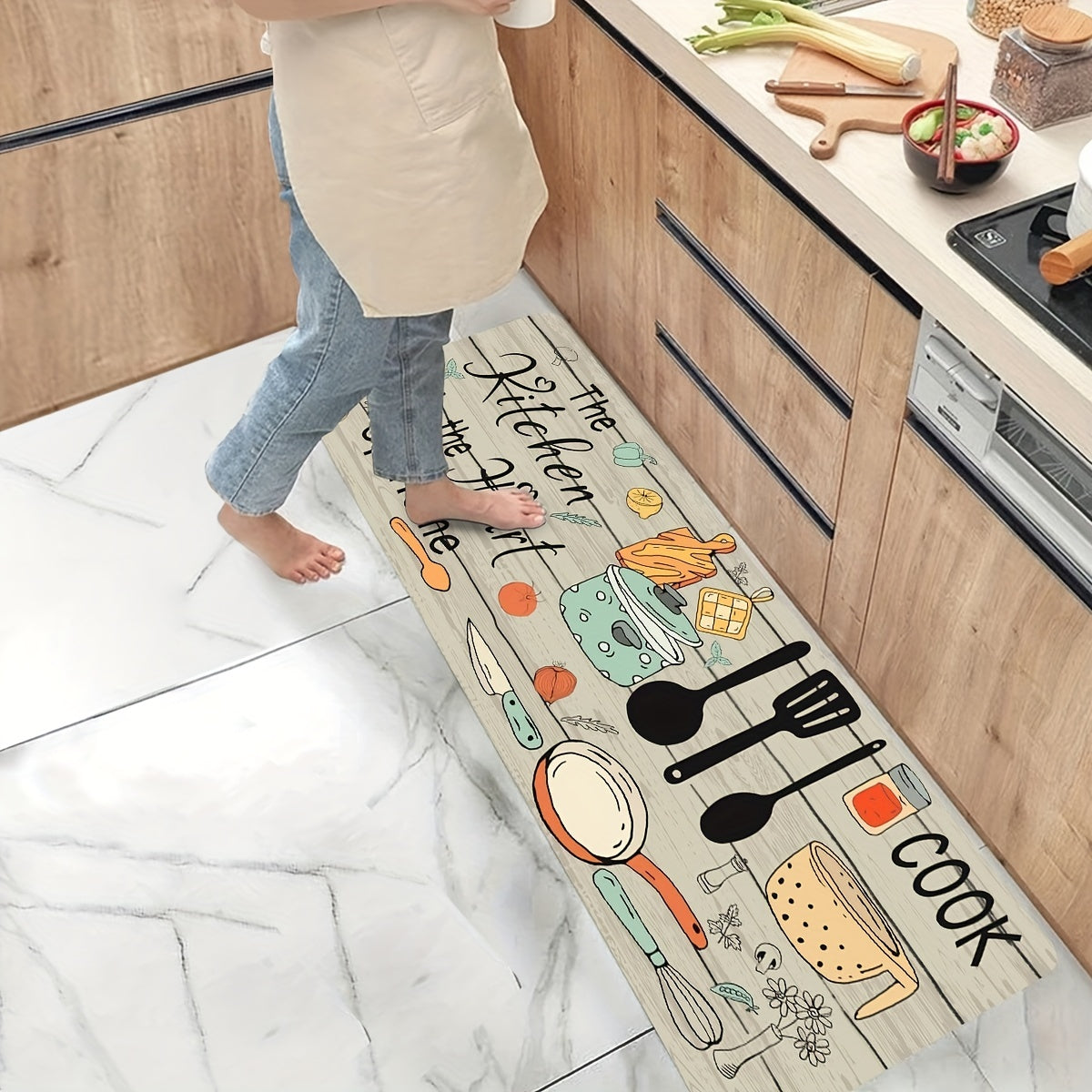 1pc Modern Polyester Kitchen Mat with Cutlery & Letter Graphics - Machine Washable Rectangular Floor Mat for Kitchen/Home Decor, Featuring "The Kitchen's the Heart of the Home" Theme. Perfect for Kitchen Rugs!