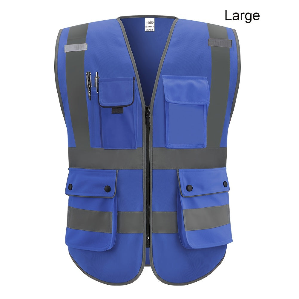 Stay safe and visible in ANSI/ISEA certified reflective safety vest with 8 pockets and zipper.