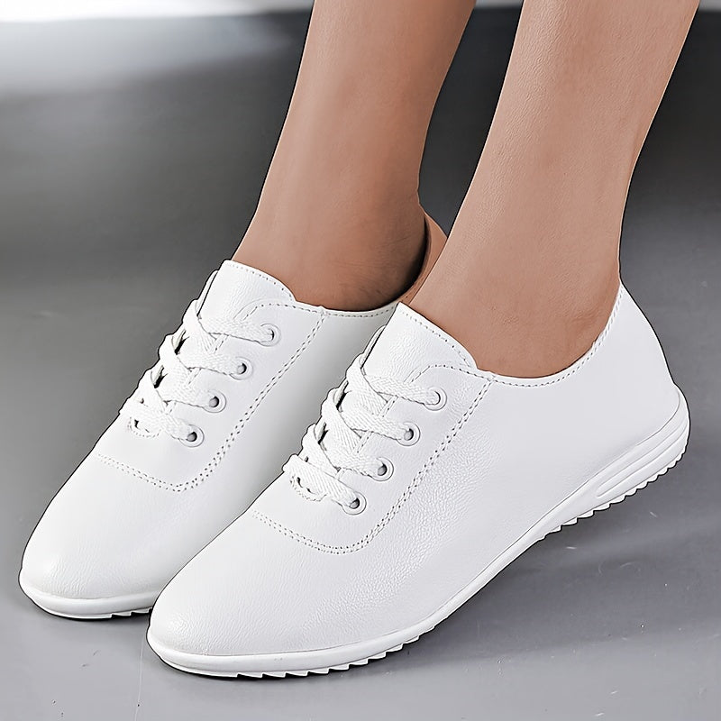 Casual white sneakers for women with lightweight, durable, non-slip design, round toe, lace-up style, faux leather upper, and PU sole, ideal for casual outfits.