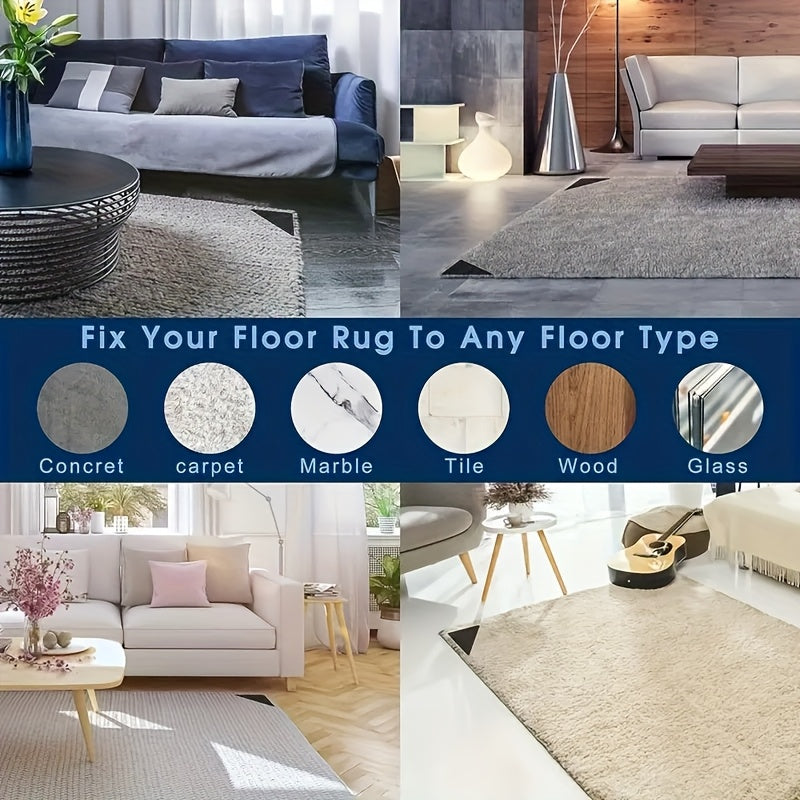 Hardwood Floor and Tile Carpet Holders available in sets of 4, 8, 16, 24, or 40 pieces. These non-slip holders are designed for area rugs, reusable and washable. The double-sided adhesive ensures corners stay flat.