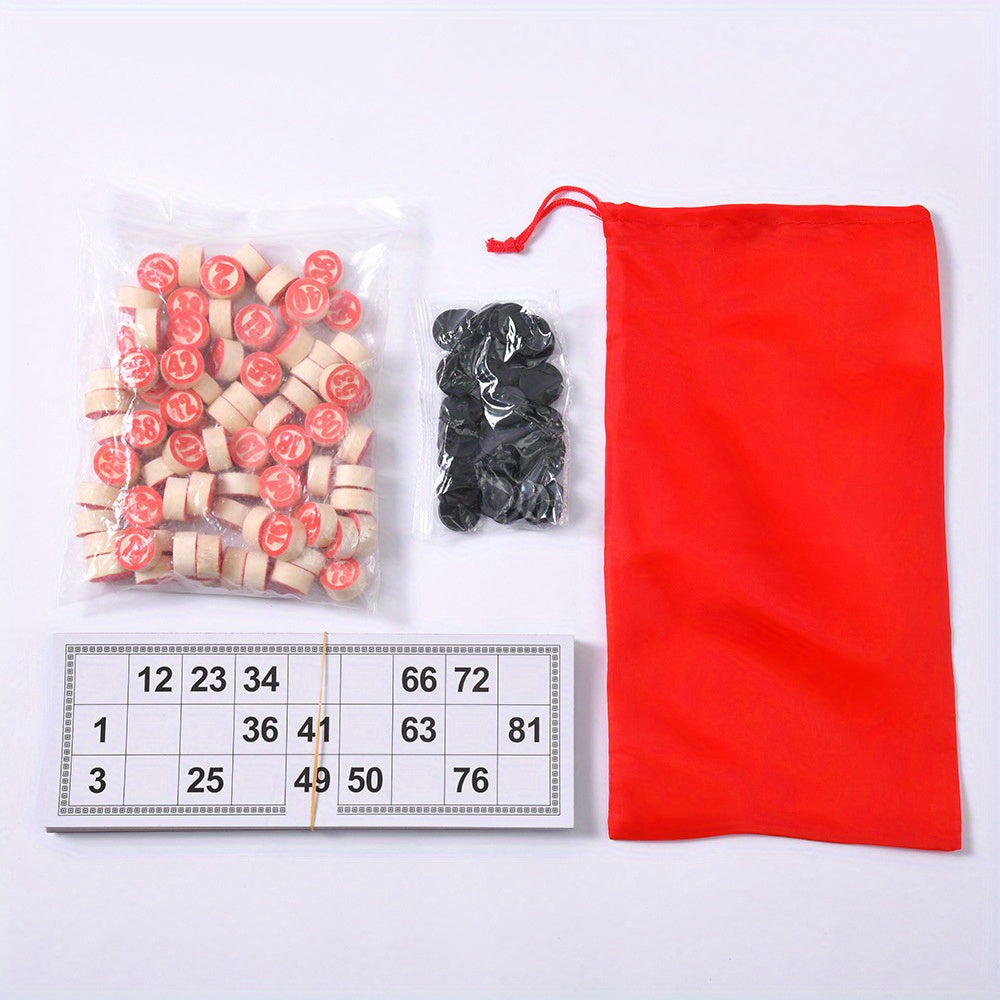 Wooden lottery game set with double-sided numbered bingo cards for ages 14+. Approximately 350g.