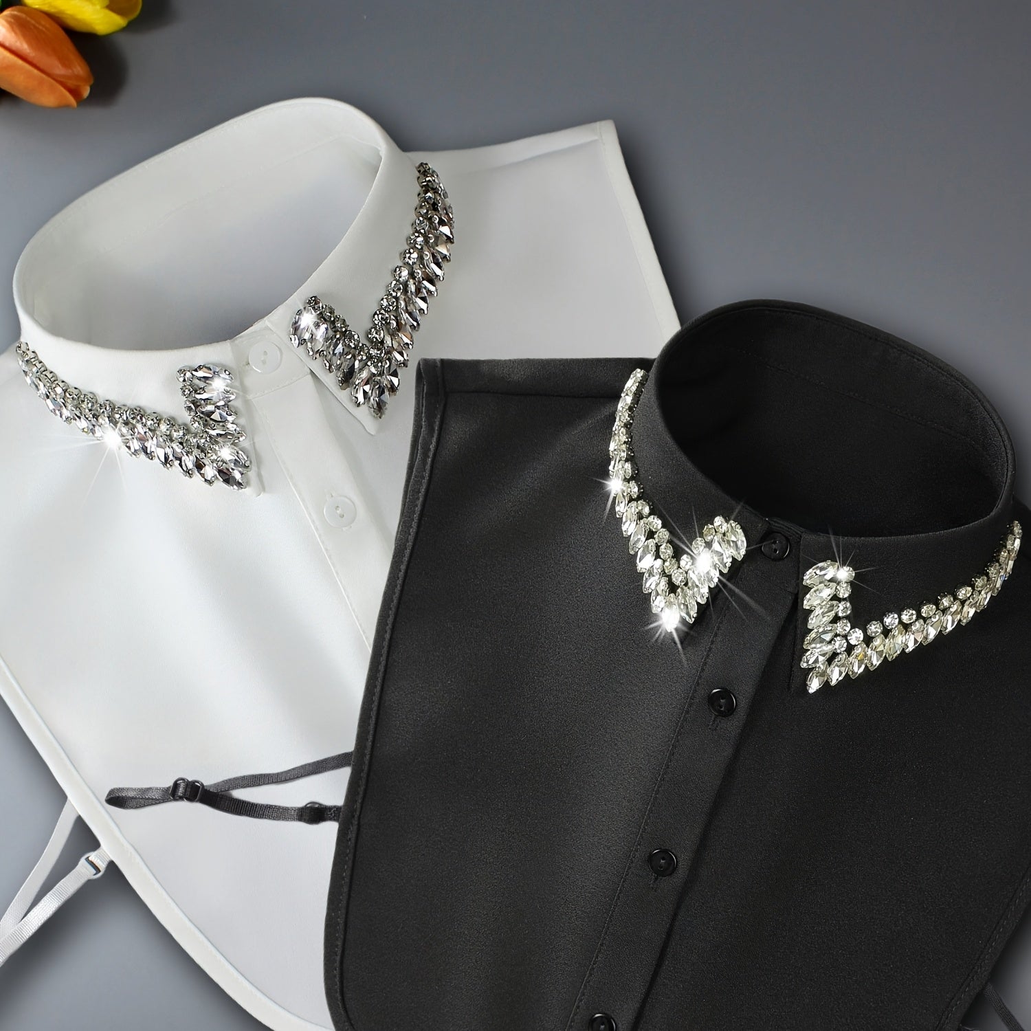 Luxurious sparkling rhinestone false collar for women made of 100% polyester. Elegant detachable half-shirt design that is machine washable. Versatile accessory for all seasons.