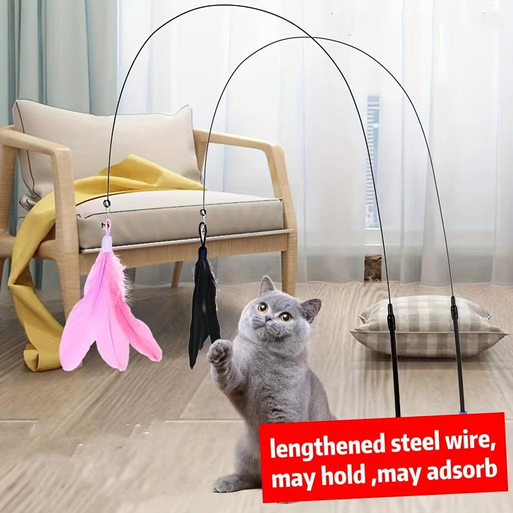 Feather cat teaser stick toy with bell, suction cup for interactive play.