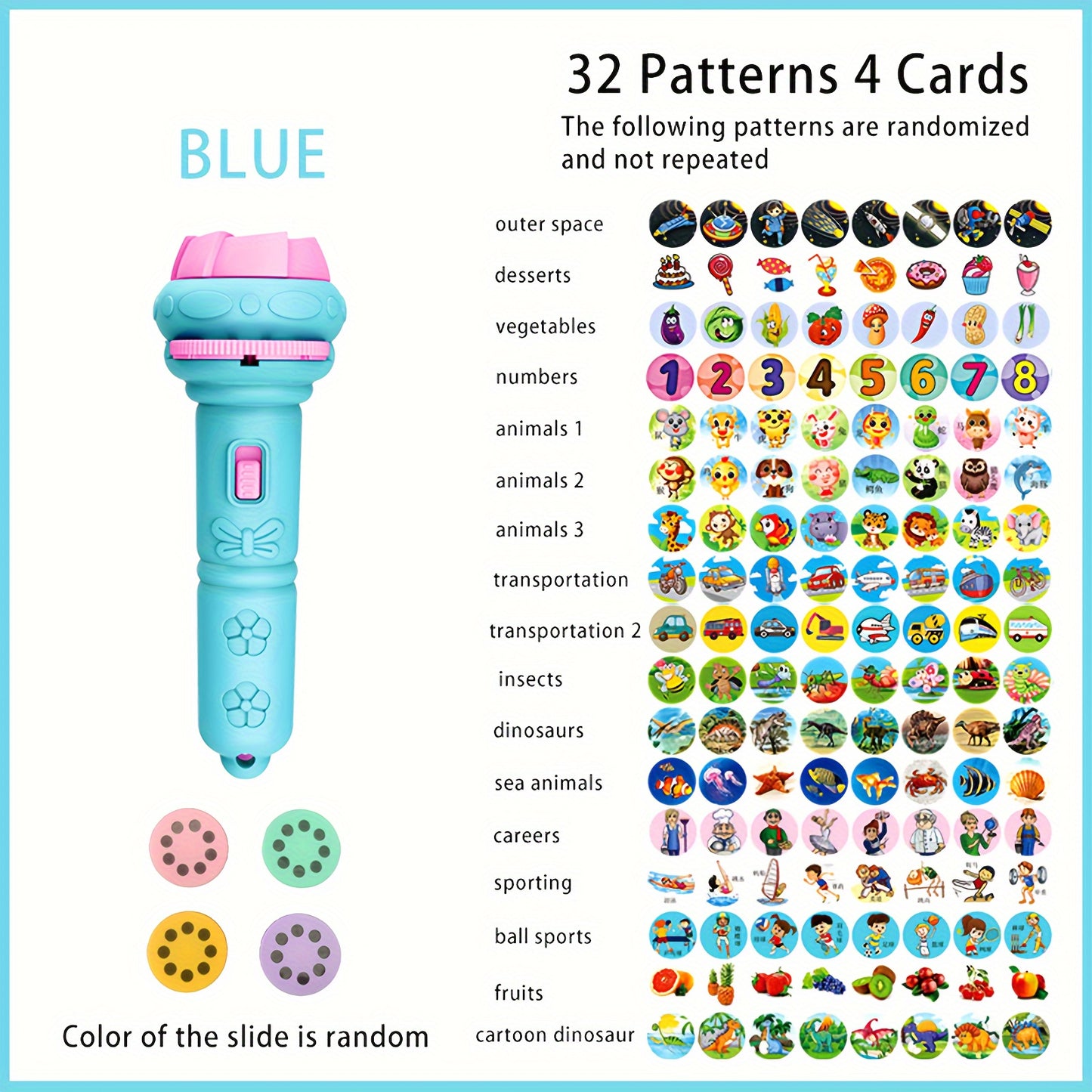 Winter fun and educational toys include 32 patterned cards for projection flashlight puzzles featuring animals, dinosaurs, vehicles, and space.