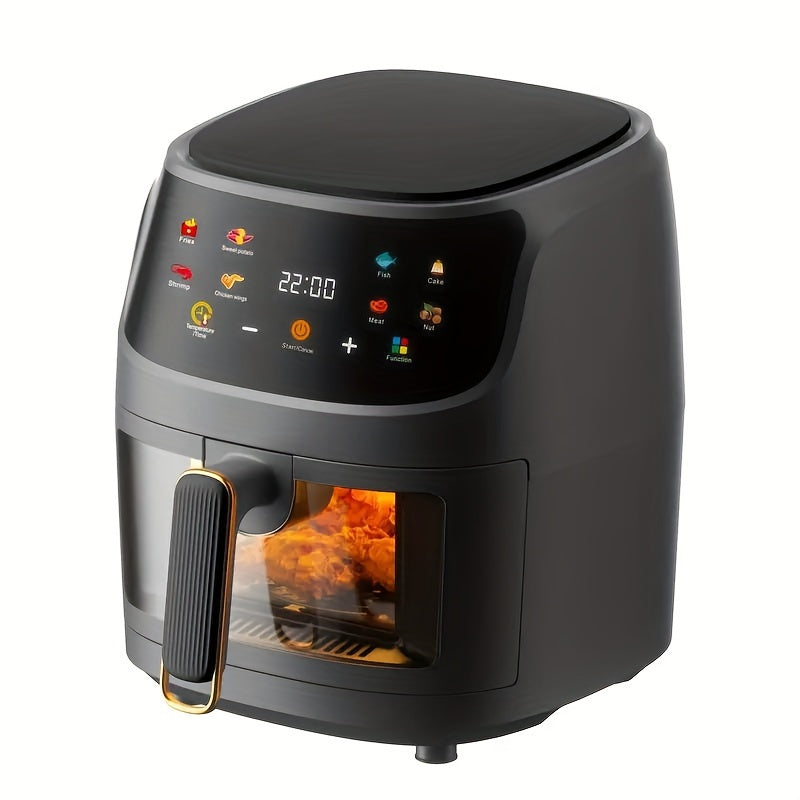 6 Qt Air Fryer Oven with 8 presets, European standard plug, touchscreen display, stainless steel basket, grill, broil, dishwasher safe parts, 1350W electric 220-240V.