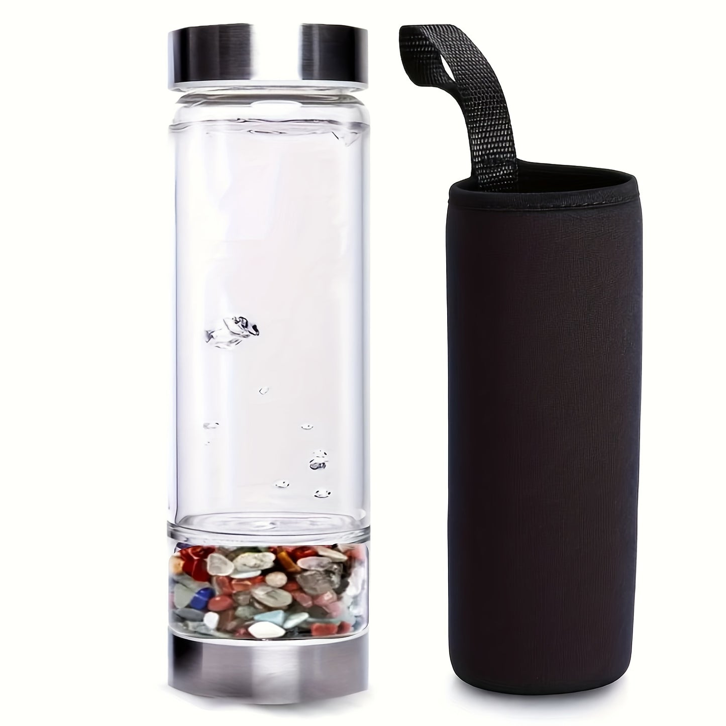 Water bottle with glass construction, removable amethyst, and protective cover included.