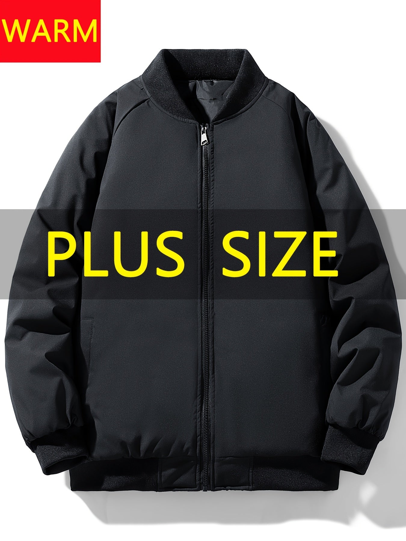 Men's plus size casual jacket with baseball collar, zip pockets, loose fit, solid color polyester.