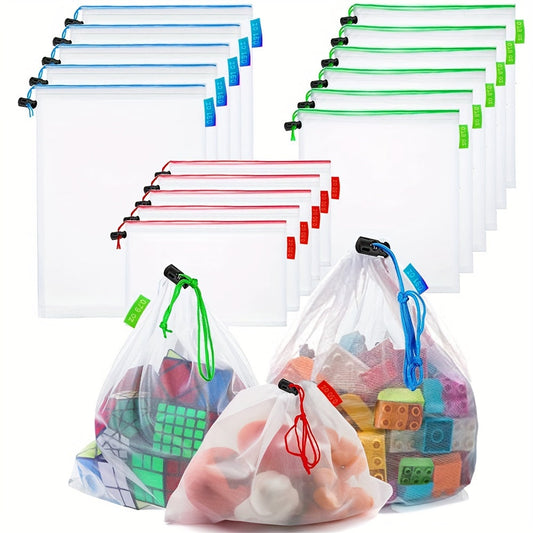 Set of 16 Mesh Small Storage Bags in 3 Sizes, Reusable Drawstring Bags for Organizing Game Room