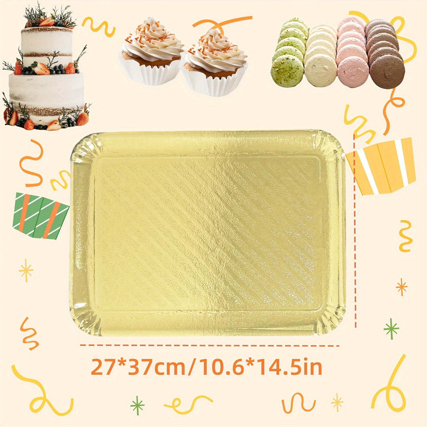 10 elegant golden rectangle cake boards with scalloped edges, designed for heavy duty use. These disposable paper serving trays are greaseproof and perfect for serving desserts and cupcakes. Ideal for birthday parties, weddings, and holiday celebrations.