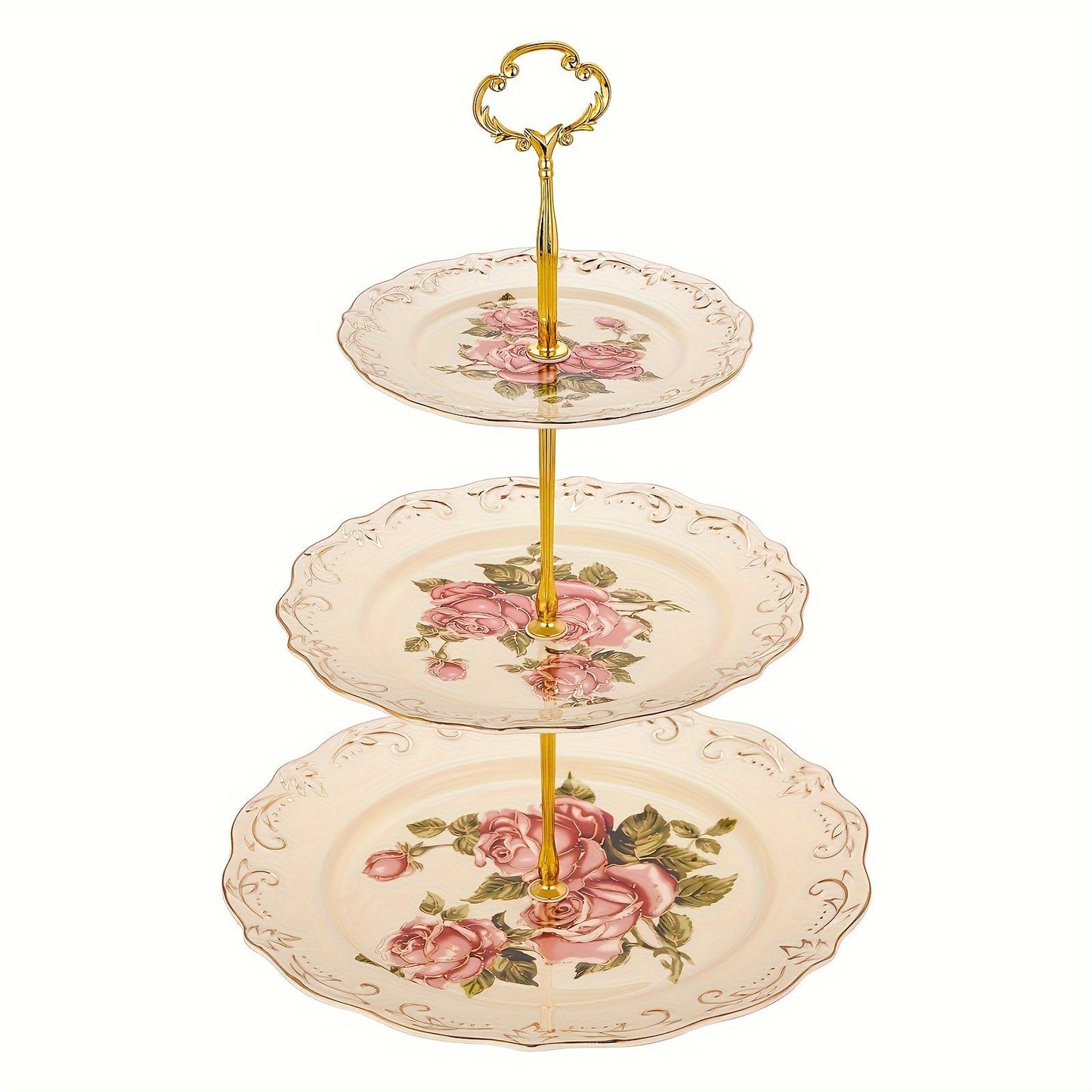 European-style 3-tier ceramic dessert stand featuring an embossed flower design and a sturdy metal bracket. Safe for food contact and does not require electricity. Perfect for weddings, holidays, birthdays, and tea parties.