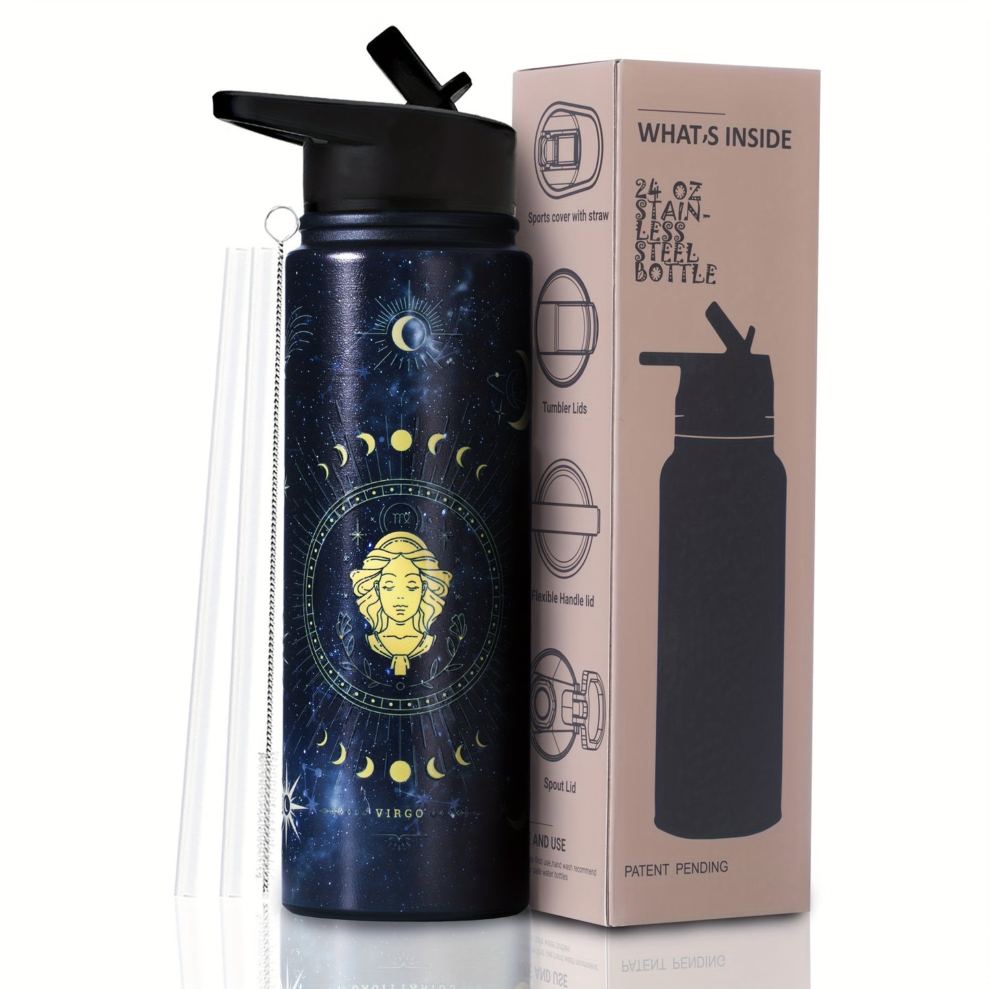 1pc Stainless Steel Zodiac Water Bottle with Lid, Straw, and Double Wall Vacuum Insulation - Ideal for Travel, Outdoor Activities, or as a Birthday Gift. Great for Halloween parties or as room decor.