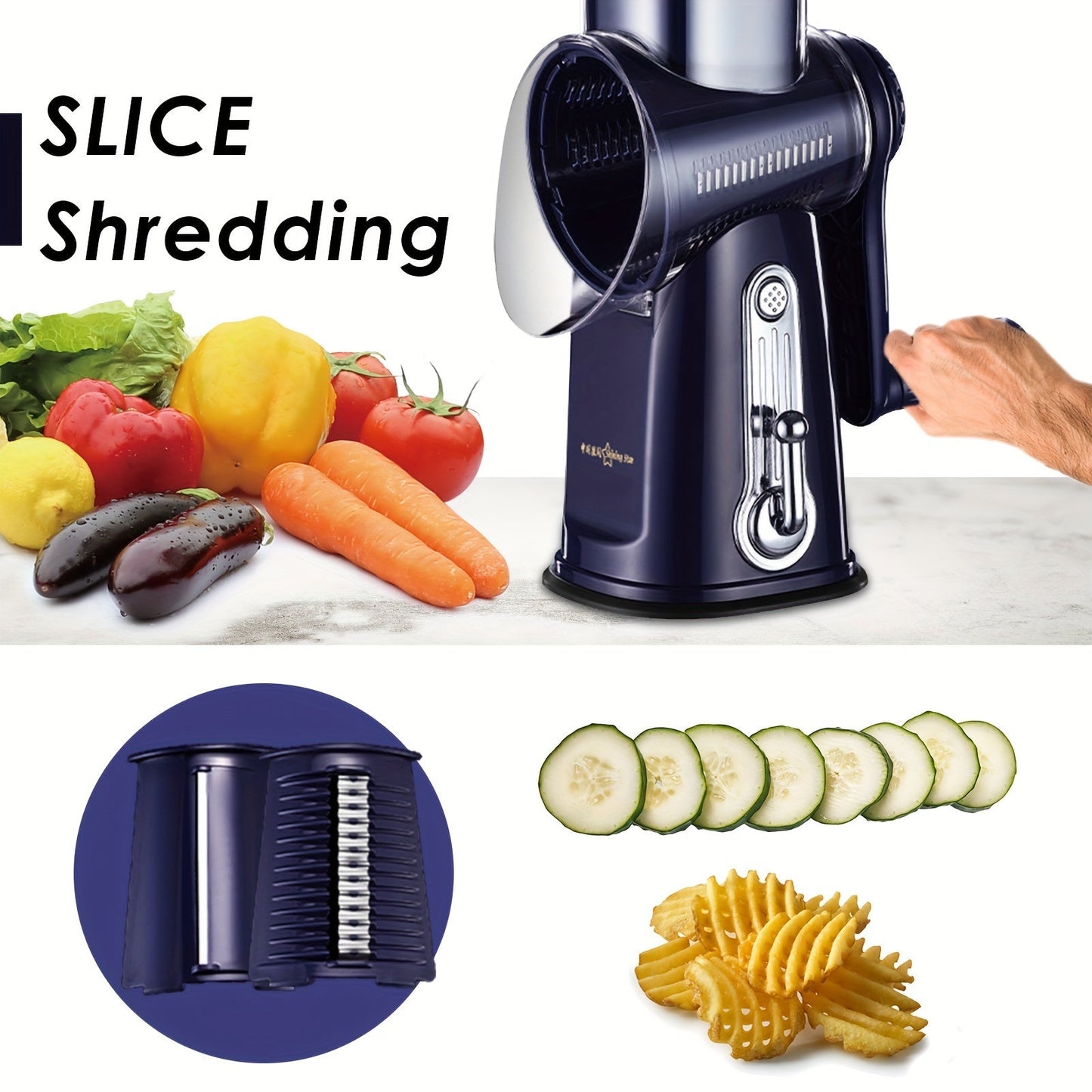 Stainless Steel Cheese Grater and Vegetable Slicer - 5 Functions in 1 Kitchen Tool, Features Powerful Suction Cup Base for Stability, Ideal for Home and Restaurant Cooking