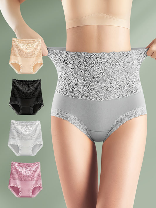 Set of 4 high waist shaping panties with floral lace design to control tummy and lift butt, ideal for women's underwear and shapewear.