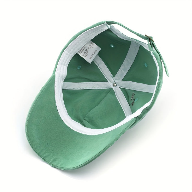 Vintage distressed soft top baseball cap for women with stripe craftsmanship and flag theme. Lightweight polyester with sun protection and adjustable fit. Ideal for spring/summer casual