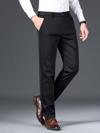 Men's wrinkle-free elastic casual pants made of soft, comfortable polyester that is machine washable, perfect for summer wear.