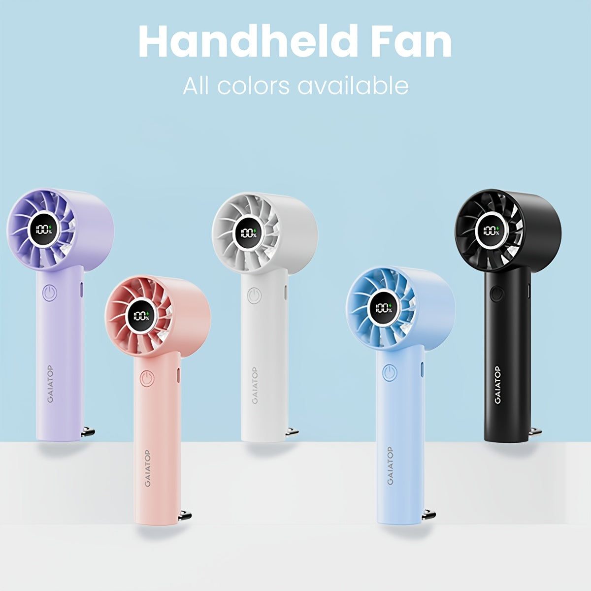 Stay cool on the go with the GAIATOP Portable Handheld Fan. This fan features 3 speeds, a USB rechargeable 1800mAh lithium battery, and 8.5W of power. With button control and a plastic design, this wearable mini fan is perfect for both indoor and outdoor