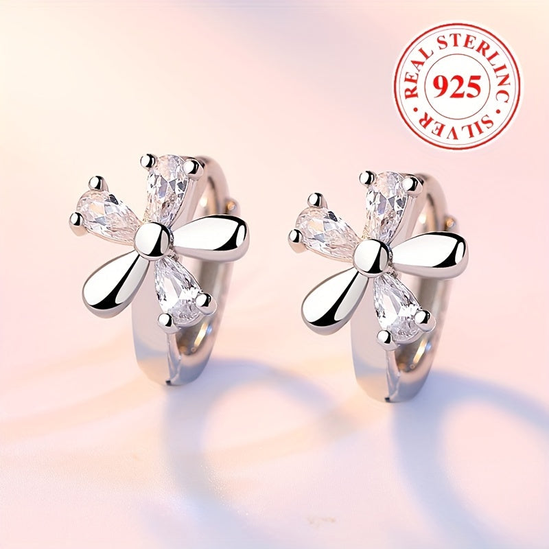 Elegant Luxury Style Women's Party/Wedding Earrings - S925 Silver Hypoallergenic Hoop Earrings Featuring Flower Design and Shiny Zirconia Inlay