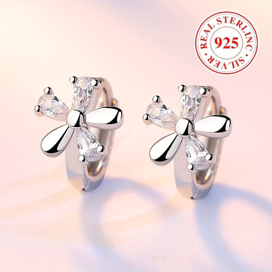 Elegant Luxury Style Women's Party/Wedding Earrings - S925 Silver Hypoallergenic Hoop Earrings Featuring Flower Design and Shiny Zirconia Inlay