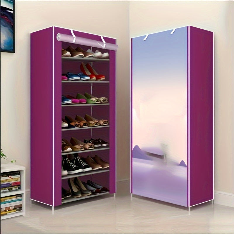 Multi-layer outdoor storage cabinet with zipper, shoe cabinet and rack assembly. This dust-proof, stainless steel shoe cabinet has multiple layers for storage. Simple and efficient shoe storage solution.