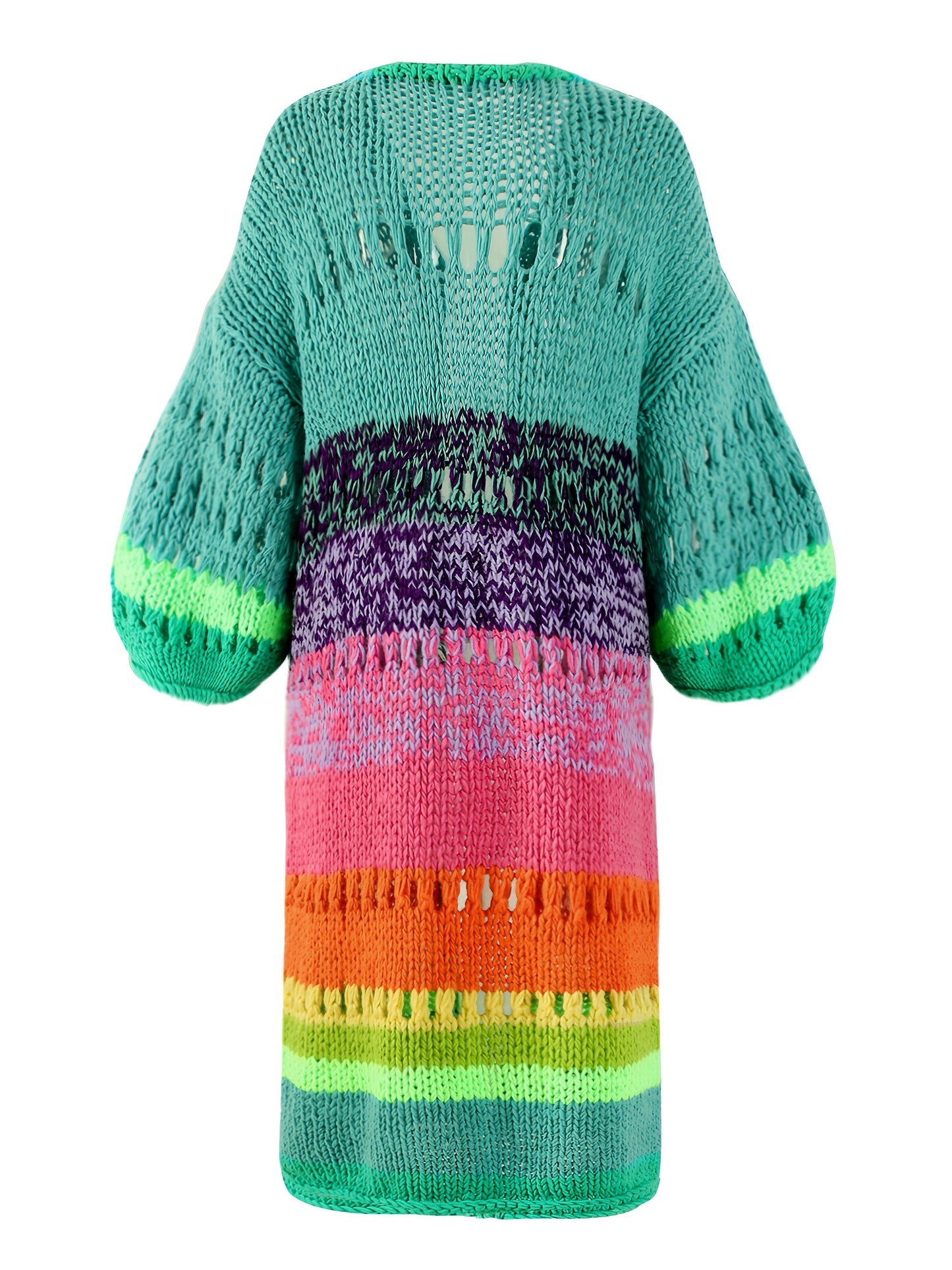 Colorful hand-knitted women's coat with gradient bright colors, retro lantern sleeves, and ribbon details. Chic and fashionable boho style.