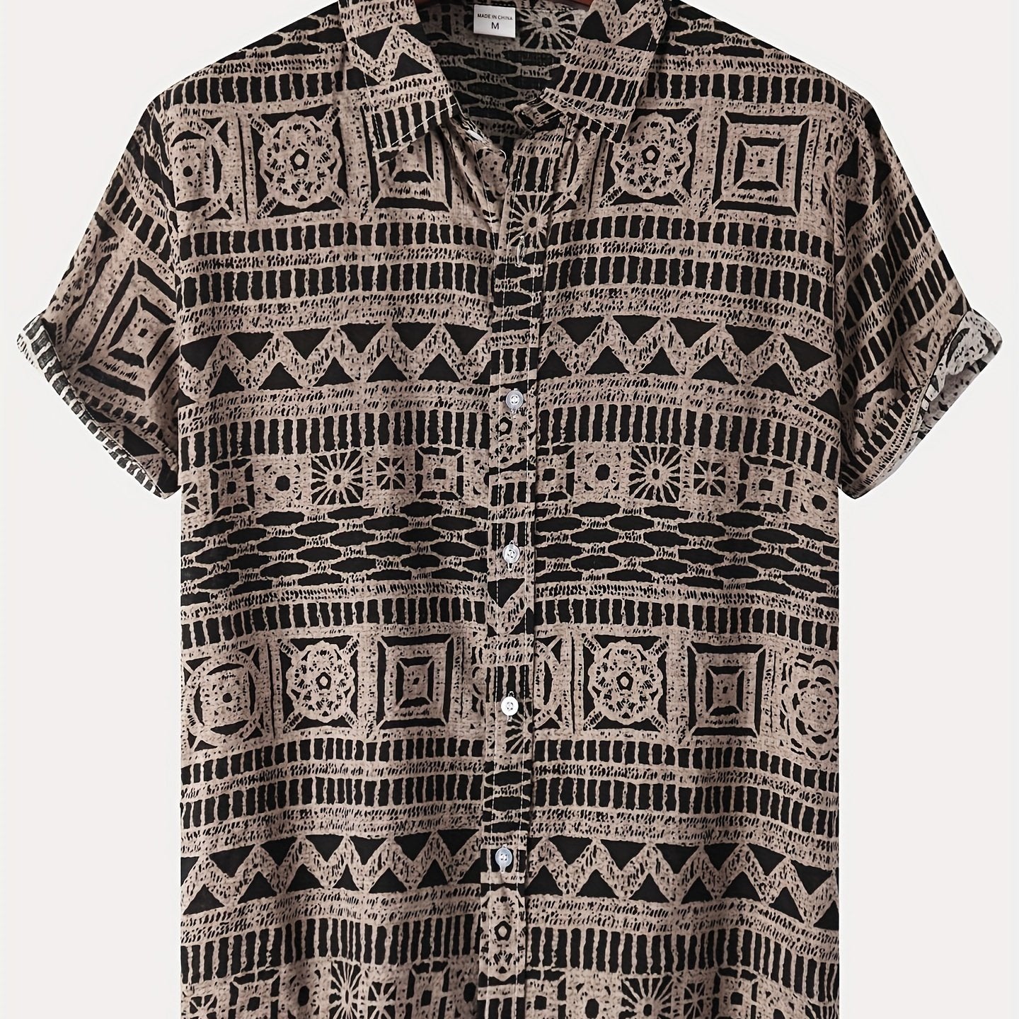 Men's geometric print button-up shirt, perfect for summer.