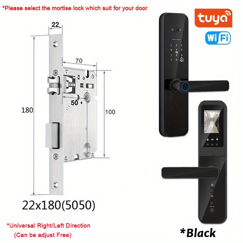 Smart door lock with biometric camera, fingerprint, smart card, password, and key unlock.