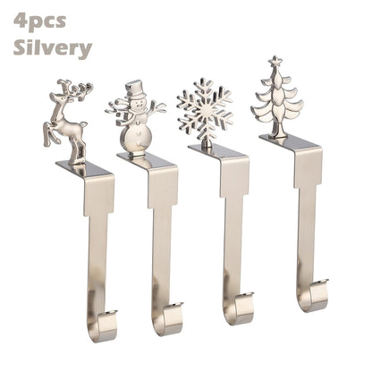 Set of 4 Sophisticated Metal Christmas Stocking Holders - Stylish Mantel Hooks featuring Snowman, Reindeer, & Tree Designs for a Festive Fireplace Display, Holiday Decor