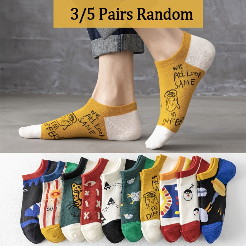 Assorted couples' ankle socks 3/5 pairs - breathable, sweat absorbent with unique print and contrasting patterns, polyester and spandex blend, perfect for sports and casual wear, cute