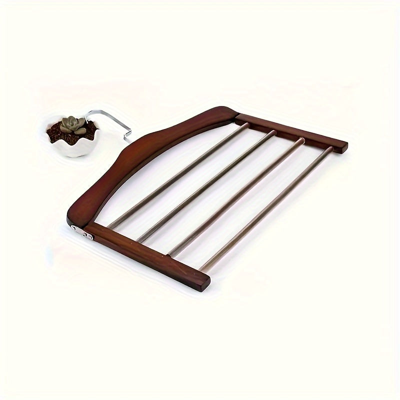 Wooden multi-layered hanger designed for hanging pants, hats, scarves, and belts. Features a no-mark hanging system and serves as a closet organizer for both home and dorm use.