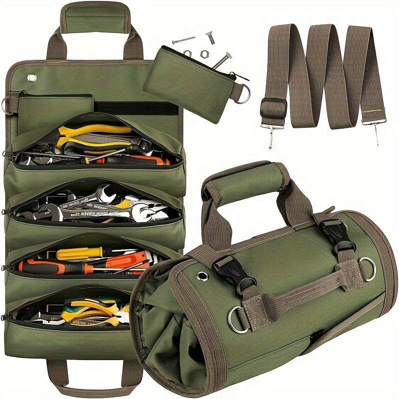 Durable roll-up tool bag for electricians and mechanics with waterproof fabric, multiple compartments, and adjustable shoulder strap in green.