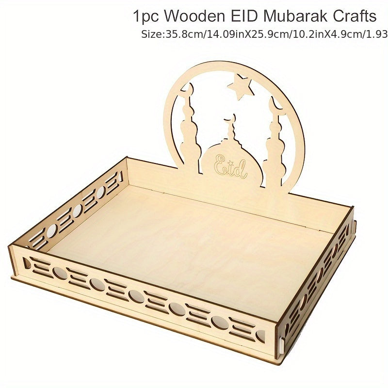 Eid Mubarak wooden dessert tray with moon and star design, ideal for Ramadan decor and Islamic celebrations, no batteries needed.