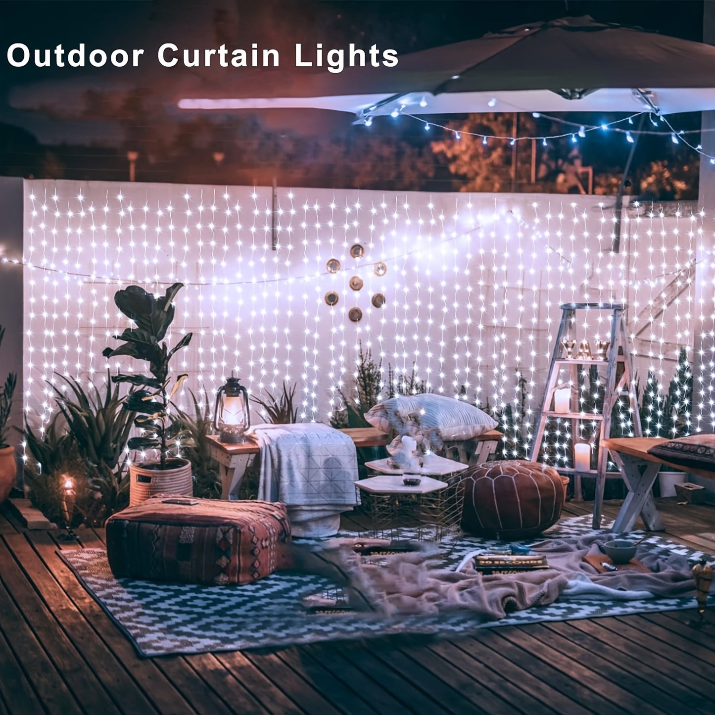 Solar powered waterfall LED string lights with 300 LEDs, 8 modes. Ideal for outdoor and indoor decor, great for camping, weddings, parties, RV, and patio. Dimensions: 298.7x298.7cm.