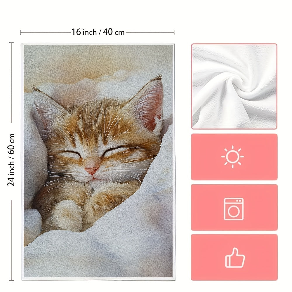 This collection includes 2 ultra-soft kitchen towels with a delightful design of a waking kitten, known for its gentle purring. These towels are highly absorbent, perfect for drying dishes, and can also be used as holiday decorations. They are machine