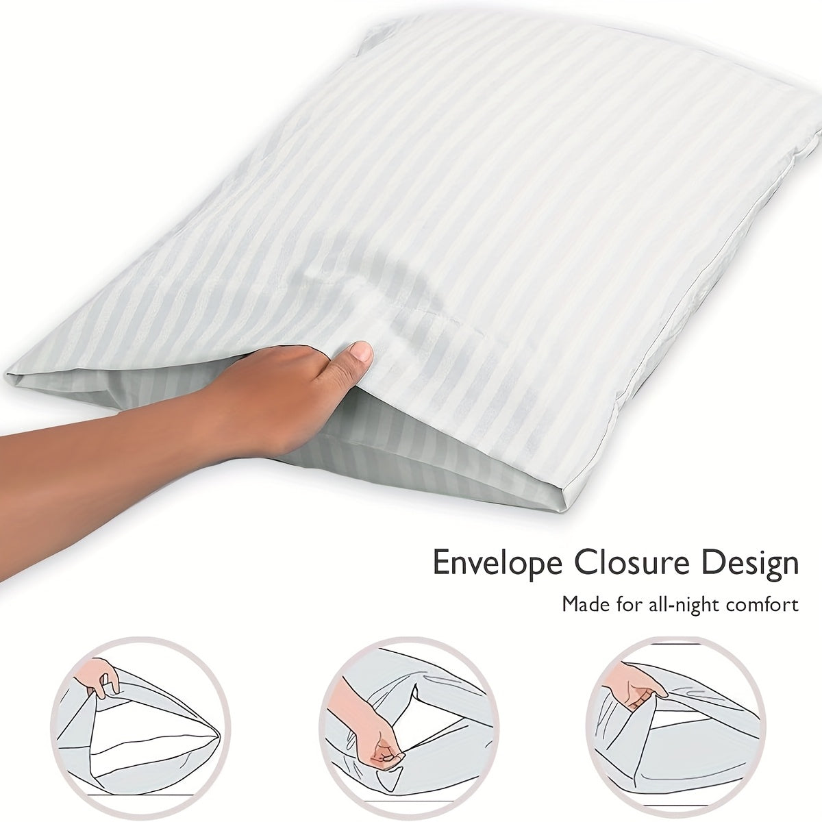 Pillowcase made with luxurious satin stripes, providing a soft, breathable, and durable option for both home and hotel use. Features envelope closure and is recommended for dry clean only. Available in white and khaki colors.