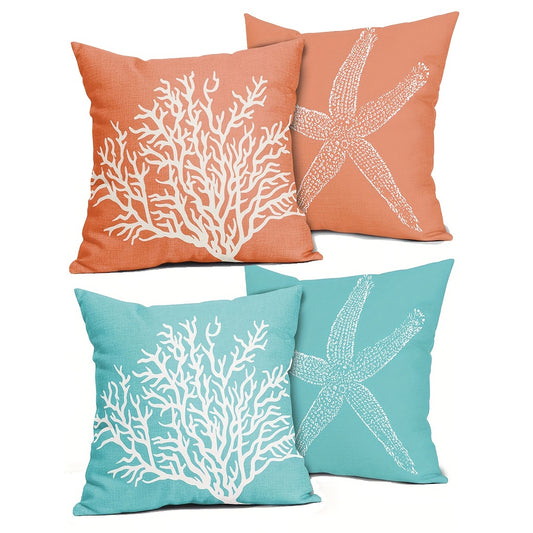 Set of 2 linen blend coastal theme throw pillow covers, featuring ocean-inspired designs. Suitable for indoor or outdoor use, ideal for modern decor in living room or bedroom. Measures 18" x 18".