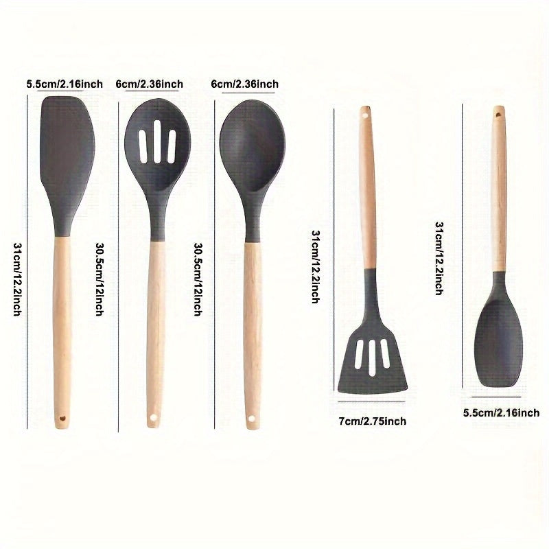 Set of 5 Kitchen Utensils with Non-Stick Coating and Wooden Handles - Ideal for Frying, Grilling, Egg dishes, and Soups