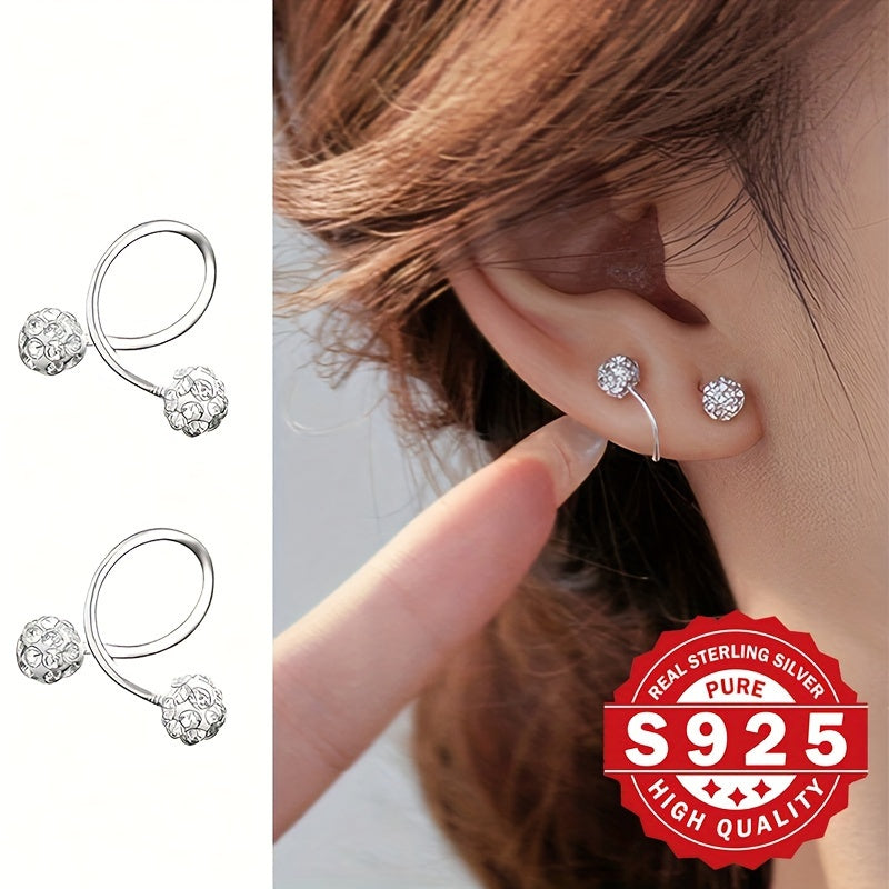 Luxurious 925 Sterling Silver Screw Ball Stud Earrings, adorned with Sparkling Screw Buckle S Bar. Ideal for gifting at Christmas or wearing to a Music Festival themed party with friends.