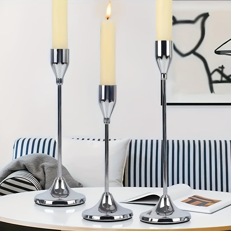 Set of three elegant single-head candle holders for romantic European home décor, perfect for candlelight dinners or weddings. Includes black and gold cone candle holder stands for table centerpieces and room decoration.