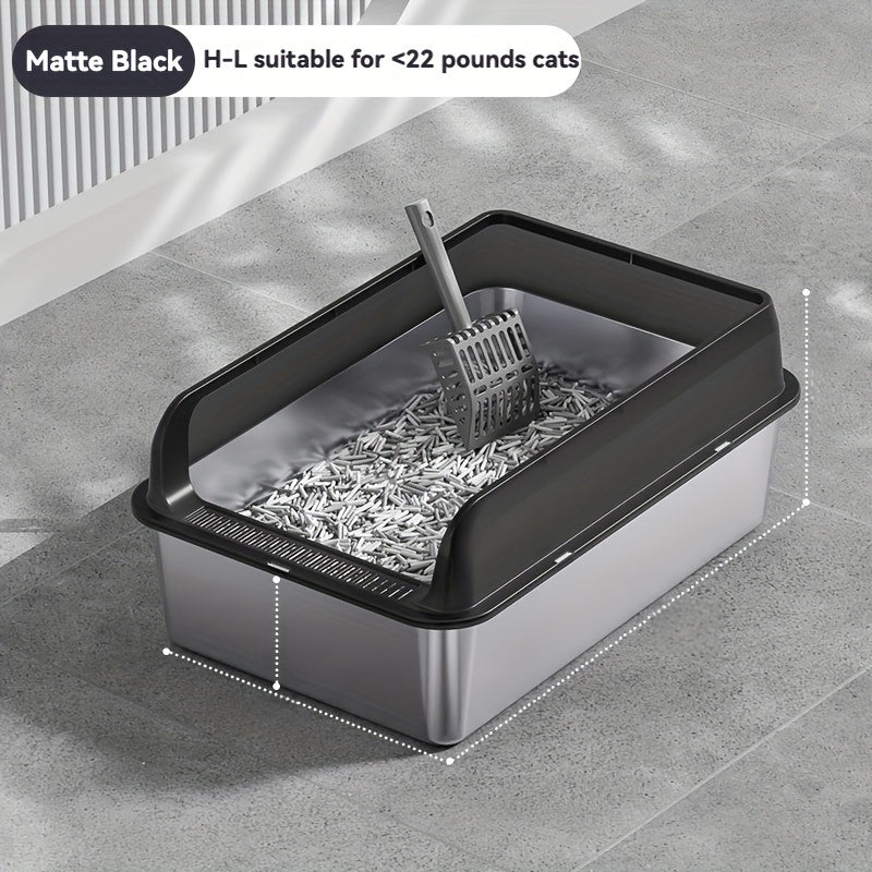 Large stainless steel litter box with splash guard cover for easy cleaning.